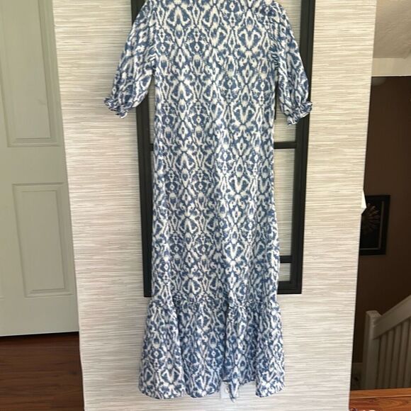 Farmhouse chic blue print short sleeve maxi dress with tassel size small - Picture 7 of 7